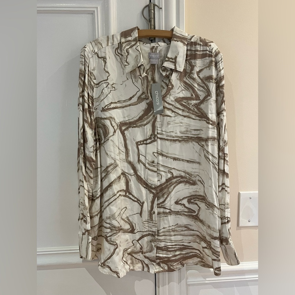 Chico's Womens Marble Swirl Print Sandwash Satin Easy Long Sleeve Shirt Size 3